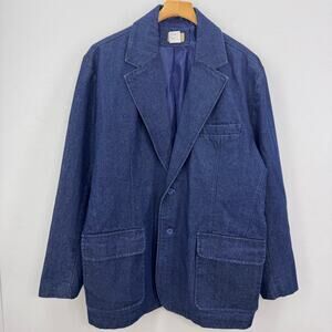 Haband Travelers Vintage Denim Blue 2-Button Blazer Jeans Jacket Cotton Casual L